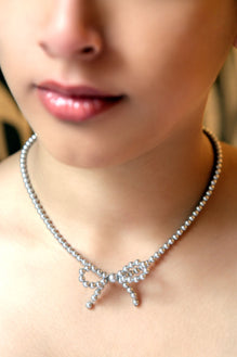 Crystal Pearl Bow Necklace As Worn | Lily Gardner
