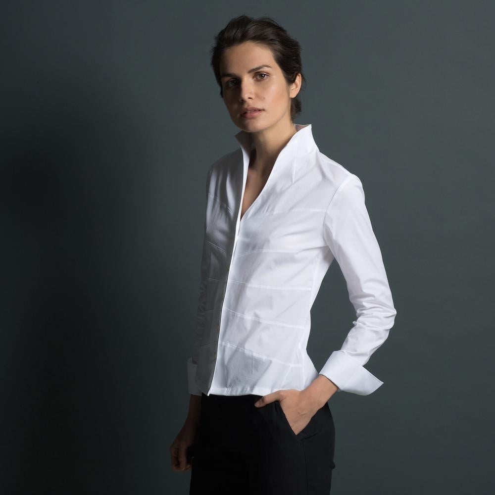 Collarless Fitted Classic White Cotton Shirt – ‘Audrey’ Collarless Fitted Classic White Cotton Shirt – ‘Audrey’