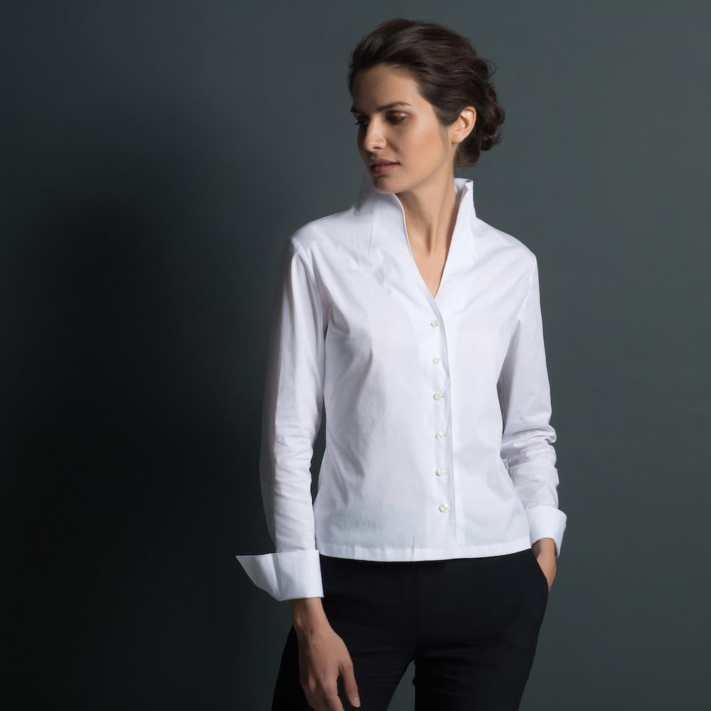 Plain Collarless White Cotton Shirt – ‘Katie’ Plain Collarless White Cotton Shirt – ‘Katie’